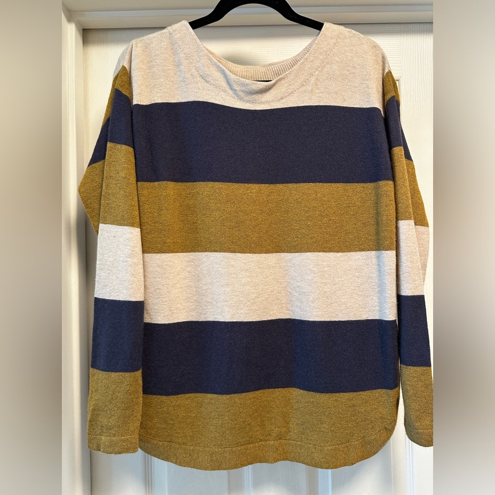 Extremely soft, cozy striped sweater with fun olive green and dark blue, size M